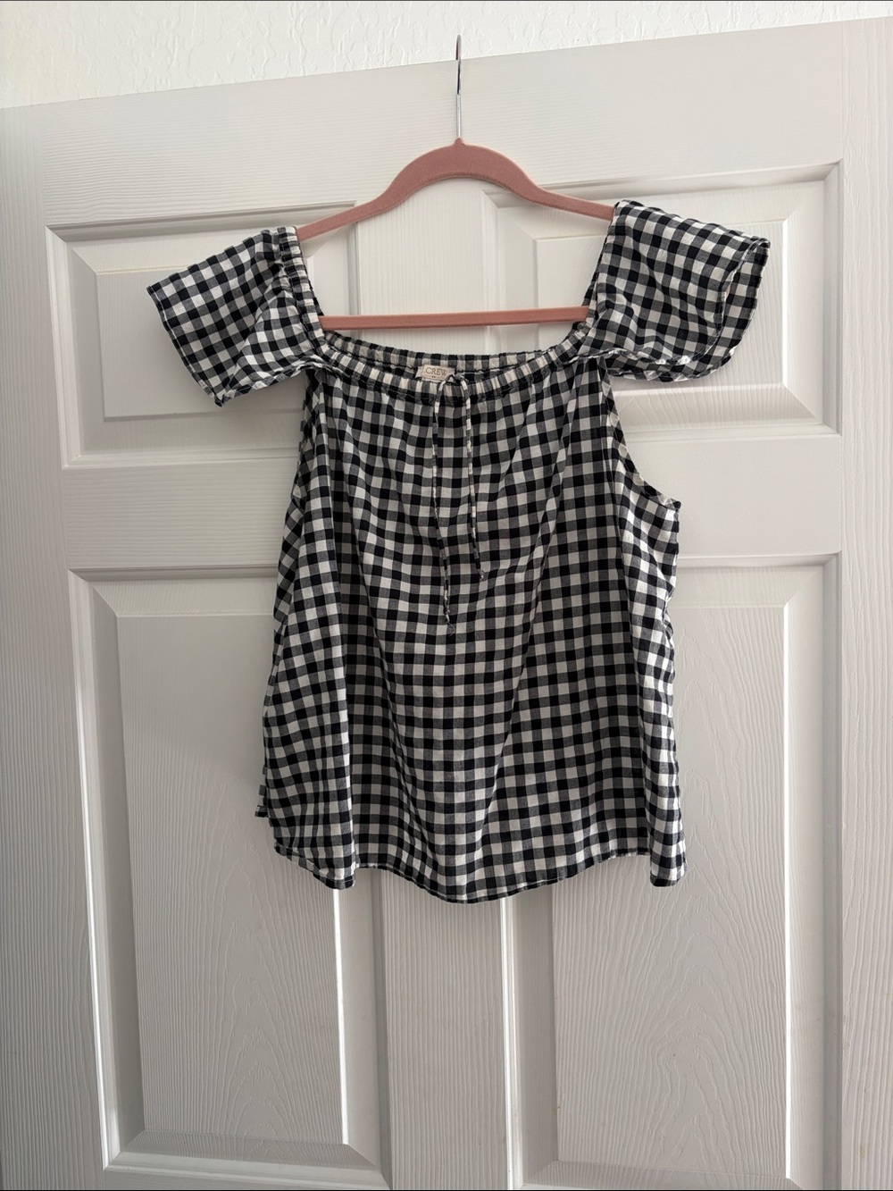 J. Crew Black and White Gingham Off-Shoulder Top